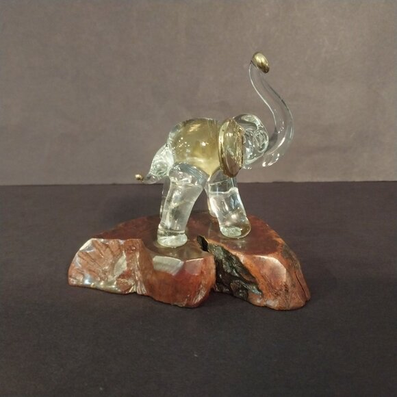 Glass Elephant Hand Blown Trunk Up Figurine Burl Wood Base Gold Ears - Picture 2 of 8